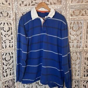 VINTAGE Unionbay Shirt Mens Size XL Blue White Stripe Y2K Rugby Polo Long Sleeve